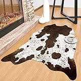 Rostyle Faux Cowhide Rug 3.6 x 2.3 Feet, Cute Cow Hide Rug for Living Room Bedroom Western Home Decor Faux Fur Cow Print Rugs White and Brown