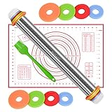 FACIACC Rolling Pin with Thickness Rings Adjustable Stainless Steel 17 inch Rolling Pin and Silicone Baking Mat for Baking Dough, Pizza Pie, Pastries, Pasta and Cookies