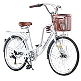 BSTSEL 24/26 Inch Wheels Vintage bike Fabric Bike City Classic Bicycle, Retro Bicycle With 7 Speed Gears, Dual Disc Brakes, Rack And Front Basket Formal Road Bike For Woman (White 24 inch)