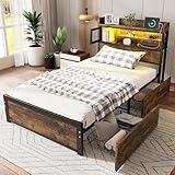 Merax Single bed frame with Storage, 3FT Single Metal Bed with 2 Drawers, LED light strip, 3 USB charge port, Headboard storage function, for adults & teenagers(No Mattress), Black+Walnut/90CM*190CM