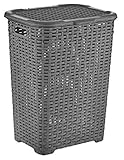 Muddy Hands 60 Litre Plastic Laundry Basket with Lid Large Rattan Washing Clothes Storage Hamper Bin (Grey)
