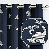 Vangao Navy Blue Blackout Curtains Dinosaur Curtains for Boys Kids Nursery Girls Room Silver Dino Foil Print Thermal Insulated Grommet Top Window Drapes 63 Inches Length 2 Panels