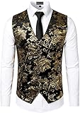 PARKLEES Mens Luxury Metallic Paisley Gold Printed Waistcoat Shiny Wedding Prom Party Vest for Suit or Tuxedo Gold M