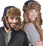 Tough Headwear Winter Trapper Hat - Russian Ushanka Army Hat - Waterproof Winter Fur Cap with Ears Navy Blue
