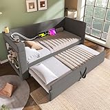 RIAZOS Daybed Upholstered Bed 90 x 190 cm, 3FT Single Sofa Bed with Cup Holders, USB &Type C Charging Station, Pull out Trundle for Living Room and Bedroom, Linen, No Mattress (Gray)