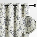 Melodieux Vintage Floral Blackout Curtains 84 Inches Long for Living Room, Bedroom French Country Farmhouse Drapes Cotton Thermal Insulated Grommet Toile Curtains, 52 by 84 in, Navy Blue, 2 Panels