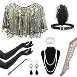 1920s Flapper Great Gatsby Accessories Set,Roaring 20's Theme Set with Shawl Headband Long Gloves Necklace Earrings Handheld Prop,1920s Flapper Costume Vintage Accessories for Women Ladies (Style 1)