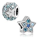 2PCS Summer Oceanic Starfish Charms 925 Sterling Silver Dangle Pendant Charm DIY Beads with Cubic Zirconia, Bracelet Charm Fashion Jewelry Fits for Pandora Bracelet DIY Making Gift for Women Girls