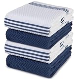 Sticky Toffee 100% Cotton Terry Tea Towel - Blue Plain & Stripe Pattern, Pack of 4 | Kitchen Towel Set | Absorbent, Strong, Quick Dry & Machine Washable | Home & Bathroom Accessories