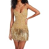 Women's Sparkly Tassels Mini Dress Sexy Deep V Neck Backless Sequined Fringe Short Dress Sleeveless Bodycon Party Club Slip Dress (A-Gold, S)