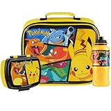 Pokemon Kids Lunch Bag Insulated for Kids 3 Piece Set with Snack Lunch Box and Water Bottle Pikachu Travel Holiday School Supplies Anime Gifts (Yellow)