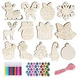 Herbbree 52pcs Wooden Christmas Decorations Set - 13 Shapes Wooden Baubles with Holes, Unfinished Wood Slices for Kids DIY Crafts Christmas Hanging Ornament, Holiday Decor