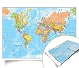 Maps International - World Map Detailed - Updated 2025 - Silk Art Paper - Folded Format - 84.1cm (w) x 59.4cm (h)