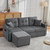 MAXYOYO Corner Sofa with Storage, Corduroy L-shaped Sofa Couch with LED & Cupholders & USB Charging Ports, 3-Seater Sofa with Convertable Ottoman for Living Room