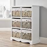 Home Source Bedroom Wooden Storage Unit, Woven Willow Wicker Baskets, 6 Drawer Wide Cabinet Chest, White