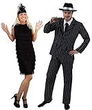 COUPLES 1920's GANGSTER & FLAPPER GIRL FANCY DRESS COSTUME - PINSTRIPE GANGSTER SUIT + BLACK TRILBY HAT | LADIES BLACK FRINGE FLAPPER DRESS WITH FEATHER HEADBAND BY ILOVEFANCYDRESS® (MENS: XL + LADIES: L)