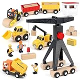 Vanplay Construction Toys for 3 4 5 6 Year Olds, Wooden Construction Vehicle Toys Set with Tower Crane Digger Dump Truck Road Roller, Boys Gift for Kids Toddler