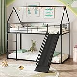 COSTWAY Metal Bunk Bed with Slide, House Shaped Kids Loft Bed Frame with Safety Guardrail & Ladder, Heavy-Duty High Sleeper Beds for Kids Teens (Black)