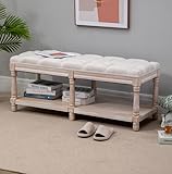 French Style Bench Shabby Chic Ottoman Large Bed Foot Stool Vintage Antique Hallway Bedroom Window Cushion Seat Rustic Wood Shoe Chair Storage Cabinet (Cream/White)