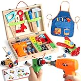 Kids Tool Set,Wooden Toys for 3 Year Old Boys Girls,Montessori Toys with Toy Drill&Tool Box&Apron ,Construction Toys for 2 3 4 Year Old Boys Gifts