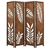 COSTWAY 4/6 Panel Folding Room Divider, Solid Paulownia Wood Privacy Screen Protector with Carved Leaf Pattern, Freestanding Paravent Partition Separator for Living Room Bedroom (4 Panel-160x170cm)