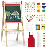 3 in 1 Kids Easel Stand for Painting with Magnetic Board Drawing Paper Chalkboard & White Board for Kids, Adjustable Kids Easel with Kids Art Supplies, Painting Set, Gift for Kids Red