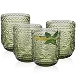 Ulable Drinking Glasses Set of 4-360ml/12oz Vintage Tumbler Glasses - Decorative Floral Embossed Water Glasses - Heavy Duty Glassware Beverages Tumblers for Whisky, Beer, Juice, Wine, Green