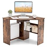 COSTWAY Corner Computer Desk, Triangle Study Desk Writing Workstation with Open Shelves and Cable Management Holes, Space-Saving Wooden Gaming PC Laptop Table for Home Office Bedroom (Rustic Brown)