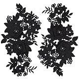 GORGECRAFT 2Pcs 3D Flower Lace Appliques Rhinestone Beaded Embroidered Sew on/Iron on Patch Black Floral Motif Cloth Collar Trim Patches for Wedding Bridal Dress Decor Clothing Pants Sewing DIY Crafts