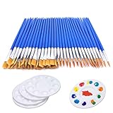 65 Pcs Flat Paint Brushes Set,Small Paint Brush Bulk 60pcs Acrylic Paint brush + 5 PCS Round Paint Pallet Trays for Kids,Nylon Hair Oil Watercolor Artist Painting for Kid Paint Party Classroom