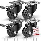 GBL Heavy Duty Castor Wheels with 2 Brakes + Screws - 50mm up to 200KG - Set of 4 No Floor Marks Small Caster for Furniture - Rubbered Trolley Wheels - Rubber Castors