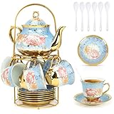 Porcelain Tea Cup and Saucer Set, 20Pcs Luxury Tea Sets, 160 ml Flower Tea Coffee Cup, 700ml Ceramic Teapot Set with Metal Holder,European Style Tea Coffee Serving Sets for Wedding,Party,Wommen,Gift