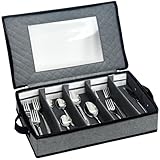 VERONLY Flatware Utensil Storage Case, Silverware Box With Dividers, 5 Compartment Cutlery Holder With Removable Lid, Handles for Knives (Light Gray)