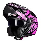 BaoFuStore Modular Full Face Motorcycle Helmet for Adults, Dual Visor Flip Up Street Bike Off-Road Racing Helmet with Bluetooth Slot Men Women DOT/ECE Approved,Black Pink,L