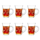 Turkish Tea Glasses Set of 6 - Gold Moroccan Tea Cups with Handle - 150 ml Footed Glass Coffee Mugs for Hot Cold Beverages Drinks