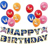 Sonic Birthday Decorations Cartoon Sonic Party Pack with 1pcs Happy Birthday Sonics Banner and 12pcs 12inch Balloons for Kids Girls Boys So-nic Decorations,So-nic Party Supplies