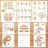 CIEMODA 8 Pieces Chinese Stencil Set, FU Characters Stencil, Double Happiness Dragon The Great Wall Stencils Zodiac Painting for on Tile Wood DIY Art Home Decor, 8.3 x 11.8 Inch, White (ST008)
