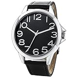 NUOVO Men’s Watches Black Leather Strap Quartz Analogue Wrist Watch Arabic Number Classic Water Resistant Easy to Read