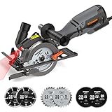 DOVAMAN Mini Circular Saw, 710W Circular Saw with Laser, 3500rpm, Metal Auxiliary Handle, Cutting Depth 43mm (90°), 29mm (45°), 6 Different Blades Ideal for Wood, Soft Metal, Plastic, Tile - MCS01A