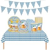 Bavaria Oktoberfest Party Tableware Set,70 PCS Blue White Bavaria Party Paper Napkins Plates Cups Tablecloth and Banner Set for German Beer Festival Party Decoration