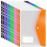 Punched Pockets Plastic Wallets, 12Pcs A4 File Folders for Document Paperwork Clear Assorted Coloured Envelope with Label Pocket Snap Button Ring Binder Home School Office Supplies