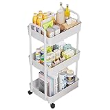 Multibao 3 Tier Storage Trolley Cart on Wheels with Handle Kitchen Bathroom Laundry Narrow Space Rack Space-Saving Mobile Shelving Organizer (White)