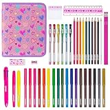 abeec 44-Piece Glitter Pencil Case – Girls' Stationery Set with Felt Tip Pens, Colouring Pencils, Gel Pens – Back-to-School Supplies – Ideal Gifts for Girls