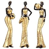 CYYKDA 3 Pack Vintage African Statues- Women's Tribal African American Figurines- Bookshelf, Office Decor- Deal For Birthday, Christmas, Thanksgiving, Mom Gifts-Gold