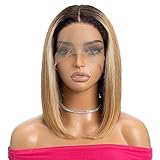 Rebecca Fashion Mixed Brown Blonde Bob Wig Human Hair T Part HD Straight Lace Front Wigs Human Hair 13x4.5X0.5 Pre Plucked Transparent Lace Wig Glueless Brazilian Virgin Wigs for Black Women 12 Inch