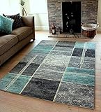 Small Large Duck Egg Blue Silver Grey White Cream Modern Soft Thick Squares Blocks Design Carved Rugs Long Hall Runner Mats (6 (120x170cm)