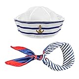 TSHAOUN Sailor Hat and Scarf Set for Men Women,Fancy Dress Sailor Set,Blue with White Sailor Hat Scarf,Costume Accessory Dressing Up for Cosplay Nautical Themes Party Stage Performance(2 PCS)