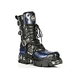 New Rock Unisex 107-C5 Black Blue Metallic Skull Devil Goth Punk Leather Calf Boots 7