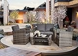 COSMO BUY 4-Seater Mix Grey Rattan Corner Sofa Set 4 Piece Indoor/Outdoor Rattan Garden Furniture Sets Patio Wicker Backyard Conservatory 1x Double Sofa, 2x Armchairs, w/ALL Cushions & Top Glass Table