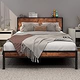 DUMEE Double Bed Frame with Wooden Storage Shelf Headboard, Metal Platform Bed Frame Double, No Box Spring Needed, Noise Free, Reinforced Strong Support Leg, Textured Black&Brown Oak1